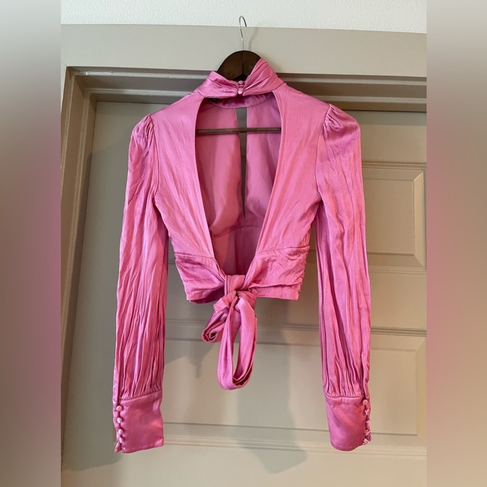 Bardot Pink Satin Long Sleeve Crop Top Small - Picture 3 of 5